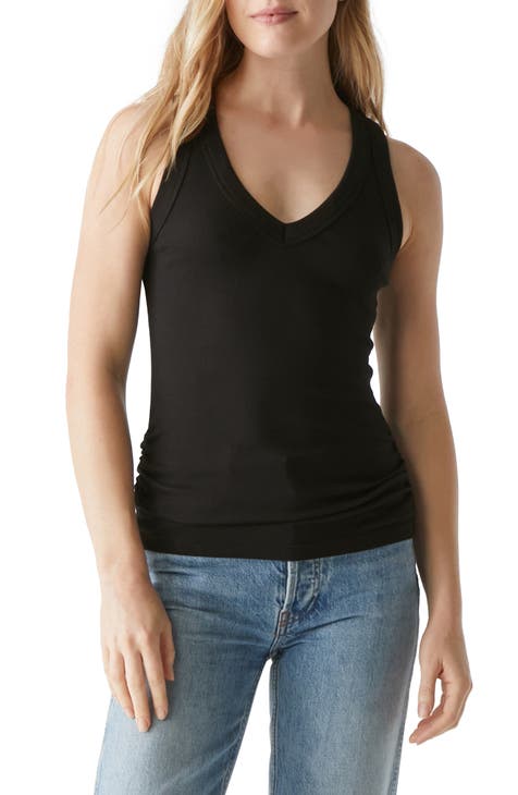 Black V-neck technical-pleated tank top