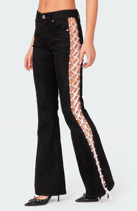Edikted Women's Satin Lace Up Flared Jeans In Black
