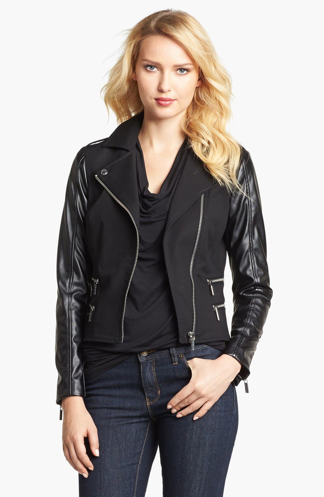 MICHAEL Michael Kors Knit & Faux Leather Moto Jacket (Petite) Nordstrom