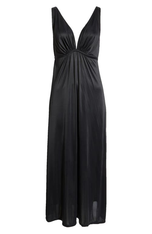 Natori Enchant Deep V-neck Satin Nightgown In Black W/ivory Lace