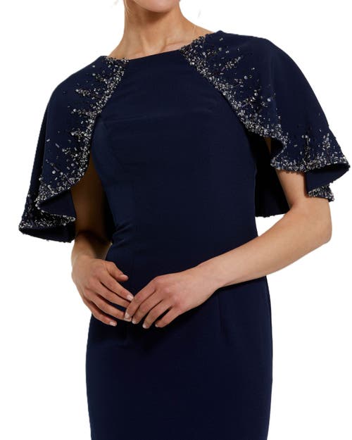 Mac Duggal Crepe High Neck Fitted Gown With Beaded Shawl In Midnight