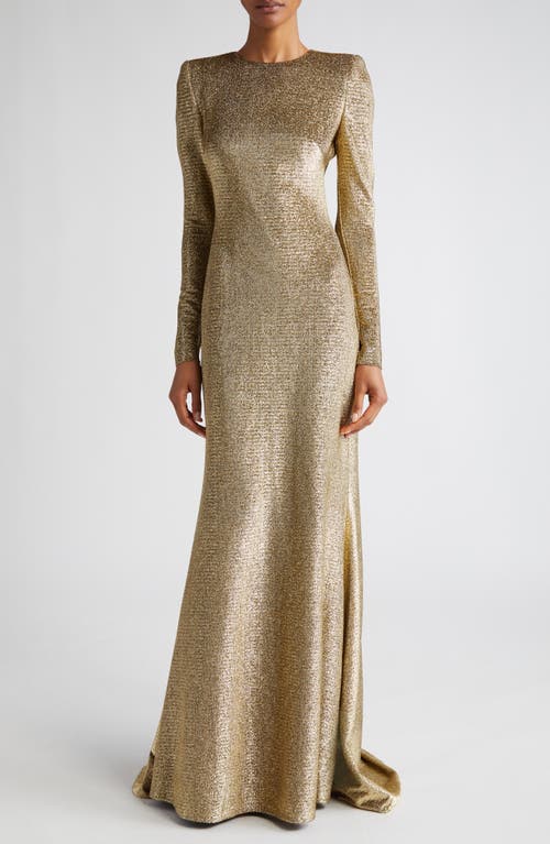 Oscar de la Renta Long Sleeve Lamé Gown with Train in Gold at Nordstrom, Size 8