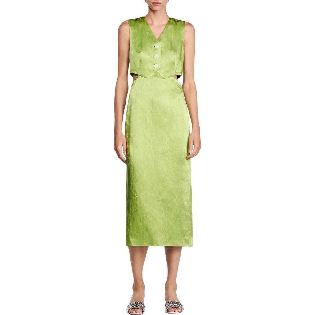 Sandro Abby Pinstripe Cutout Satin Midi Dress In Olive Green