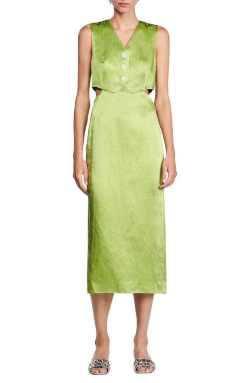 sandro Abby Pinstripe Cutout Satin Midi Dress Olive Green at Nordstrom,
