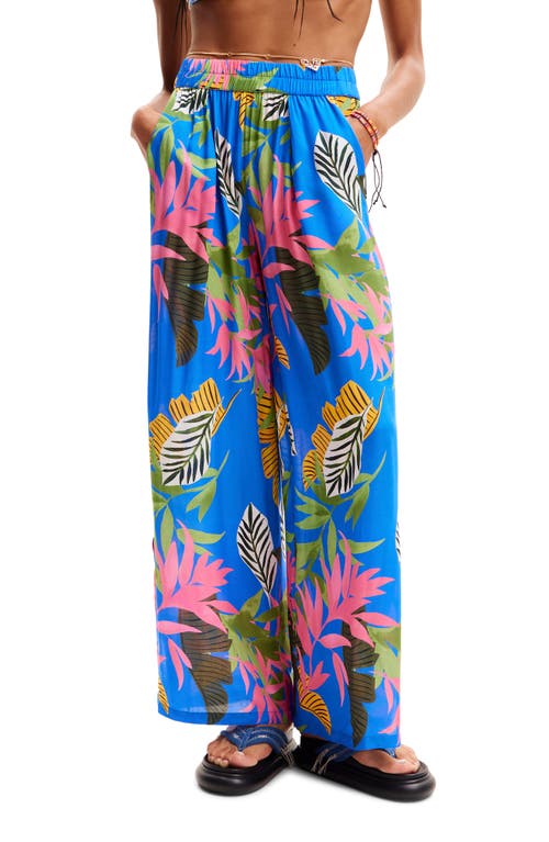 Tropical Print Cover-Up Wide Leg Pants in Blue