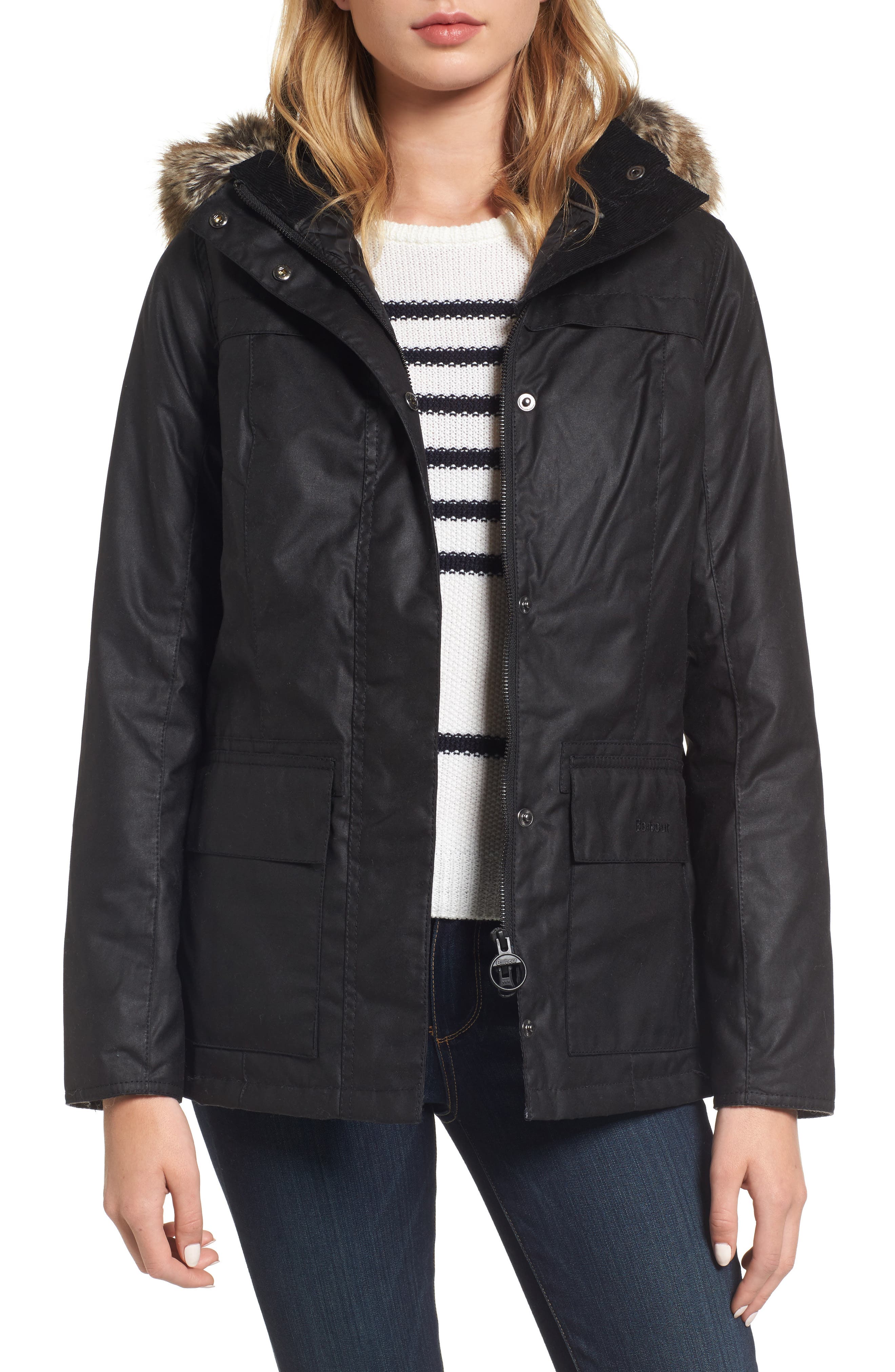 Barbour Ellen Hooded Waxed Canvas Parka with Faux Fur Trim Nordstrom