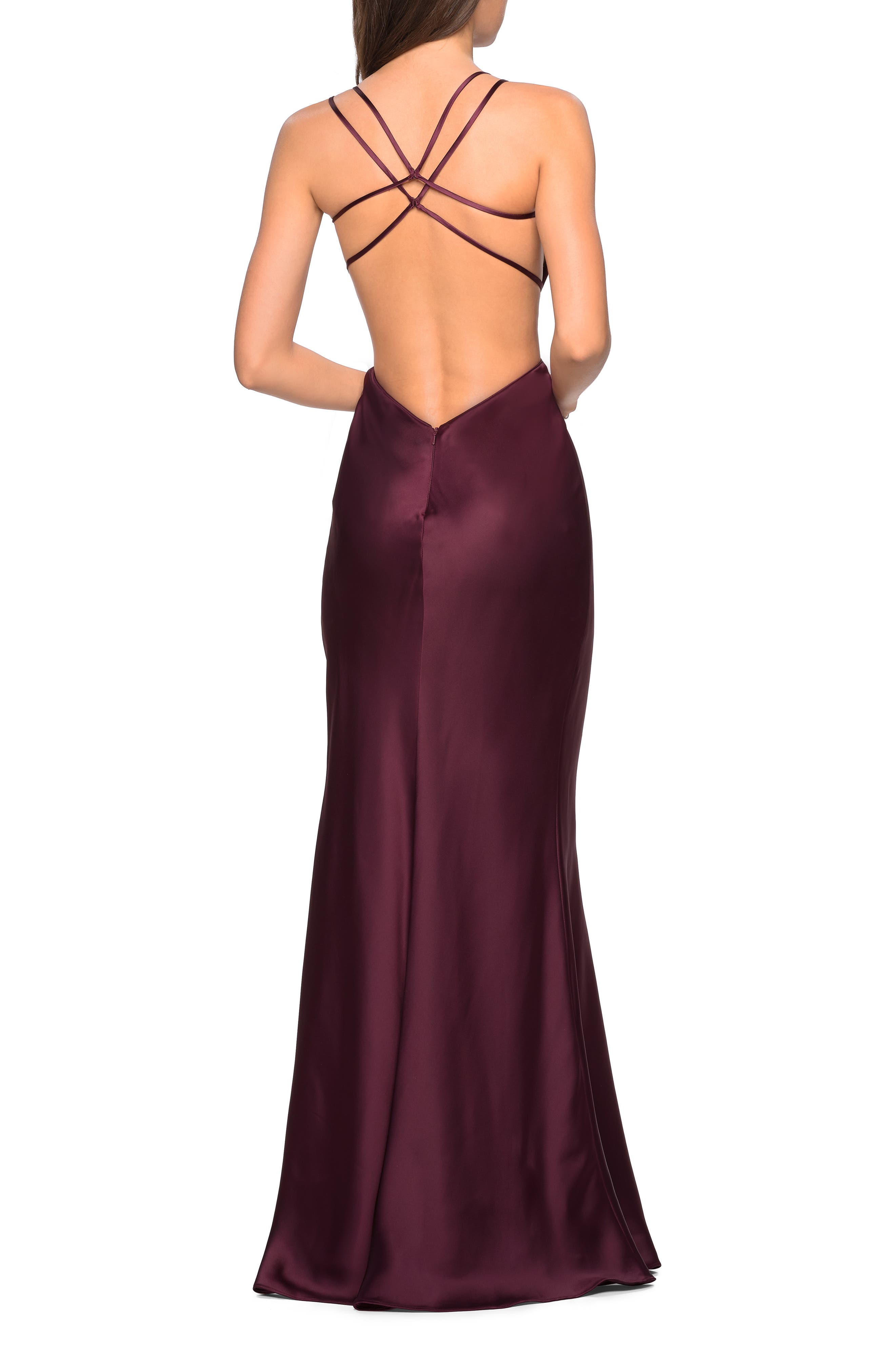 strappy back fitted satin evening dress la femme