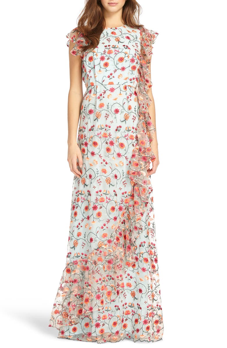 ML Monique Lhuillier Floral Embroidered Mesh Gown | Nordstrom