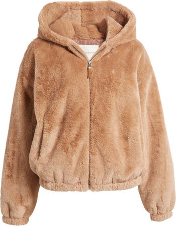 Thread & Supply Faux Fur Zip-Up Hooded Jacket in Marshmallow