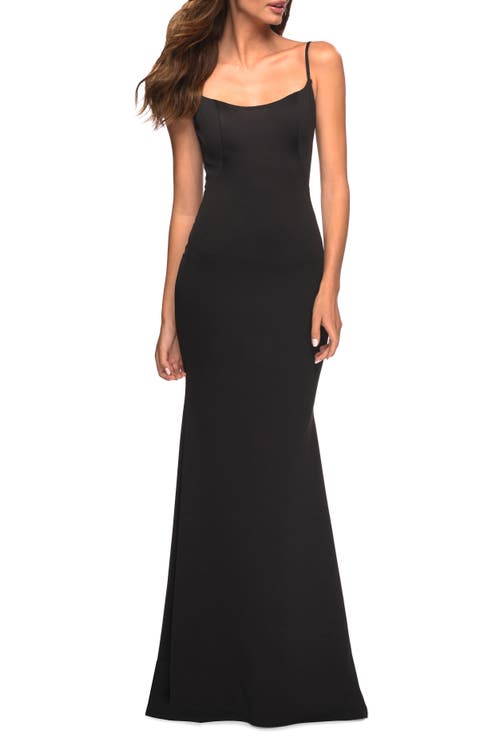 La Femme Simple Elegant Long Jersey Dress With Scoop Neck In Black