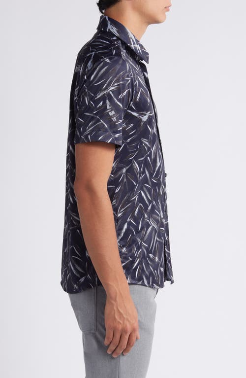 Shop Hugo Boss Boss Roan Slim Fit Leaf Print Short Sleeve Stretch Button-up Shirt In Dark Blue