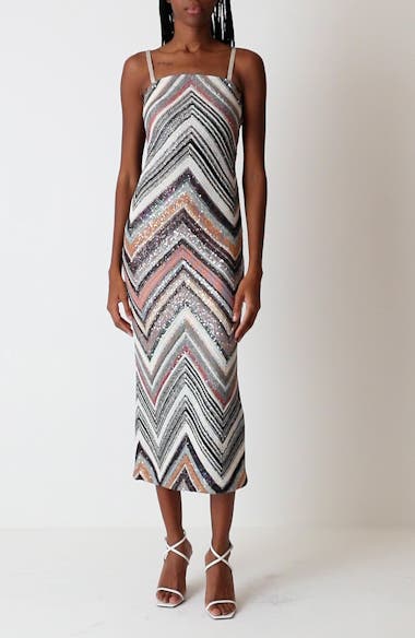 Sequin Chevron Stripe Sleeveless Midi Dress