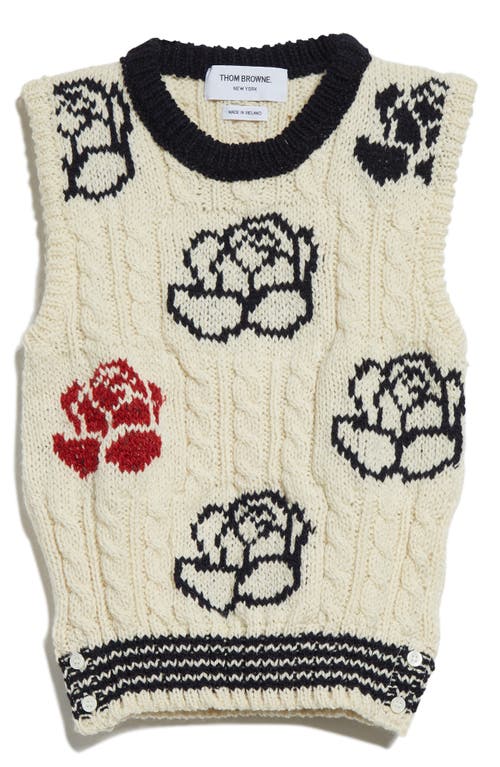 Shop Thom Browne Rose Intarsia Cable Knit Wool & Mohair Sweater Vest In White