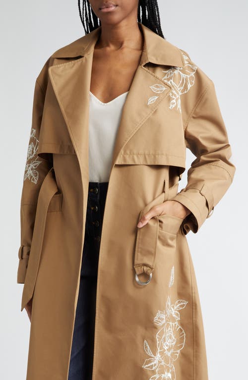 Cinq À Sept Astrid Embroidered Floral Detail Cotton Blend Trench Coat In Khaki/silver