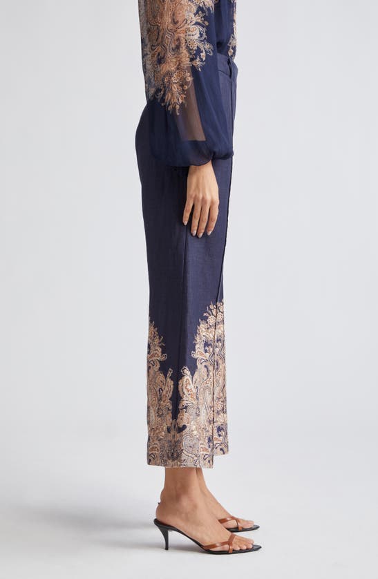 Shop Zimmermann Natura Floral Paisley Crop Flare Linen Pants In Navy Paisley