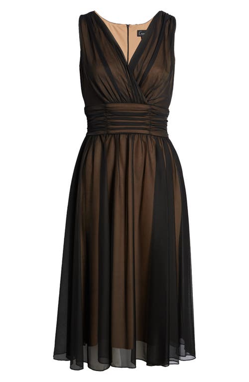 Connected Apparel Chiffon Overlay Fit & Flare Dress In Black/gold