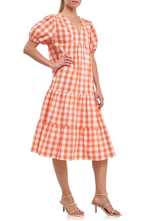 Shop English Factory Gingham Puff Sleeve Midi Dress In Orange