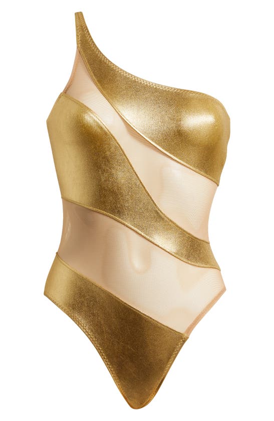 Shop Norma Kamali Snake Mesh One-shoulder Swimsuit In Gold Foil