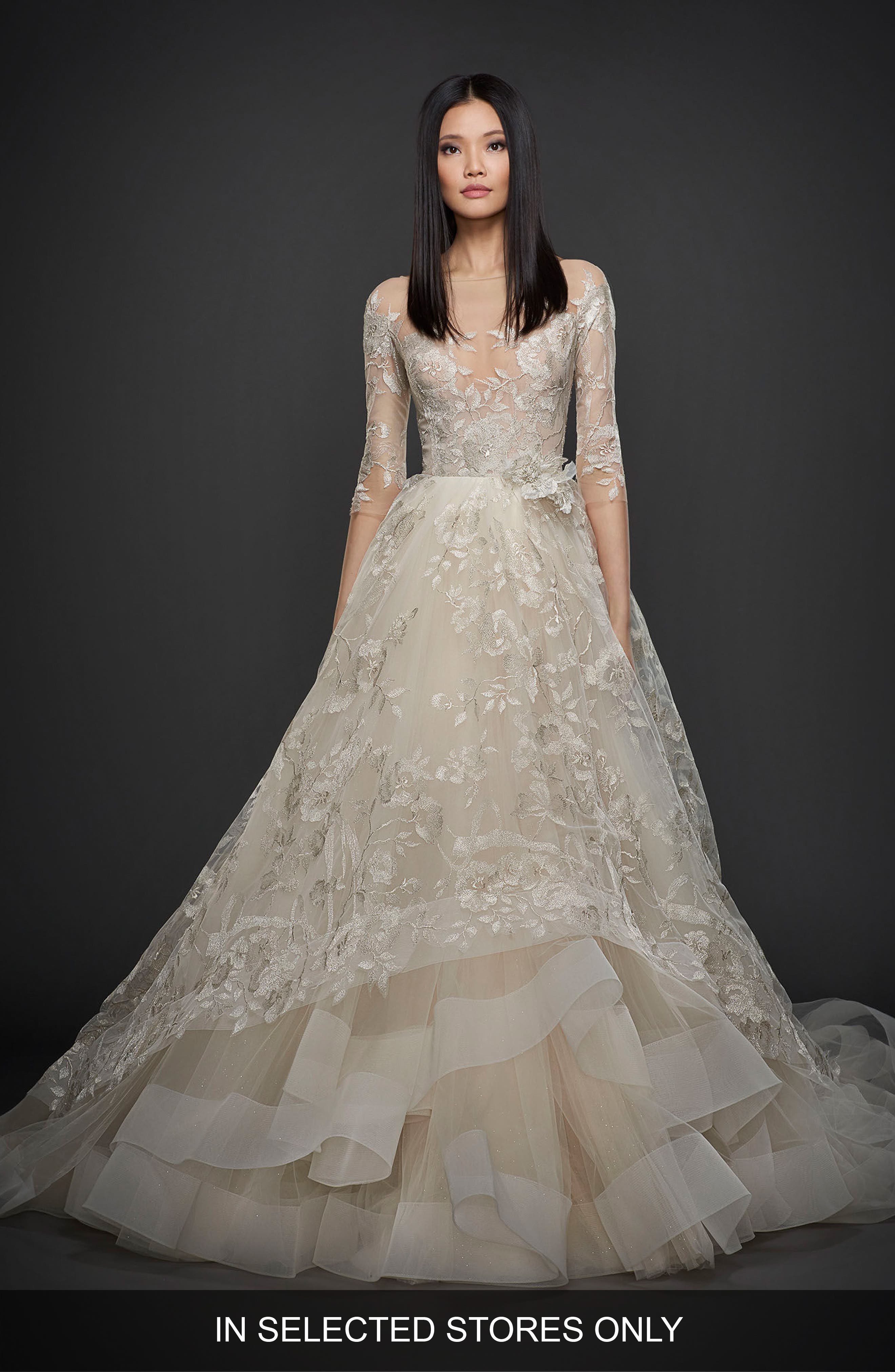 Lazaro Embroidered Tulle Ballgown, Size IN STORE ONLY - Beige