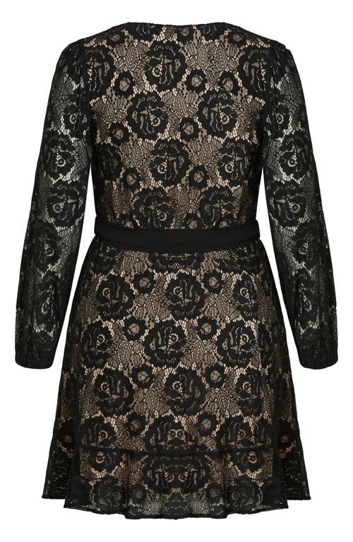 Shop City Chic Fly Away Long Sleeve Lace Faux Wrap Dress In Black/beige