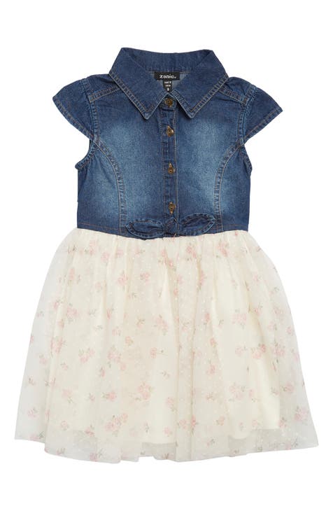 Kids' Cap Sleeve Denim & Clip Dot Dress (Little Kid)