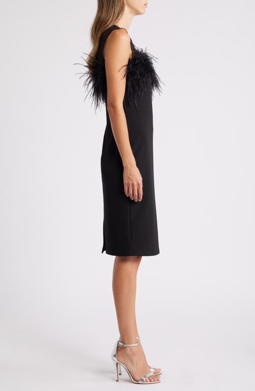 Shop Eliza J Feather Trim Illusion Neck Sheath Cocktail Dress In Black