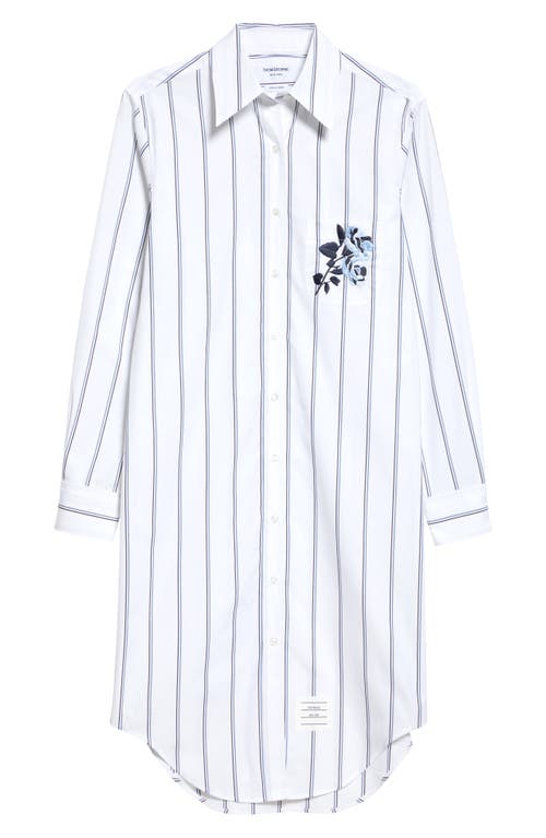 Thom Browne Floral Embroidered Stripe Long Sleeve Cotton Shirtdress In White