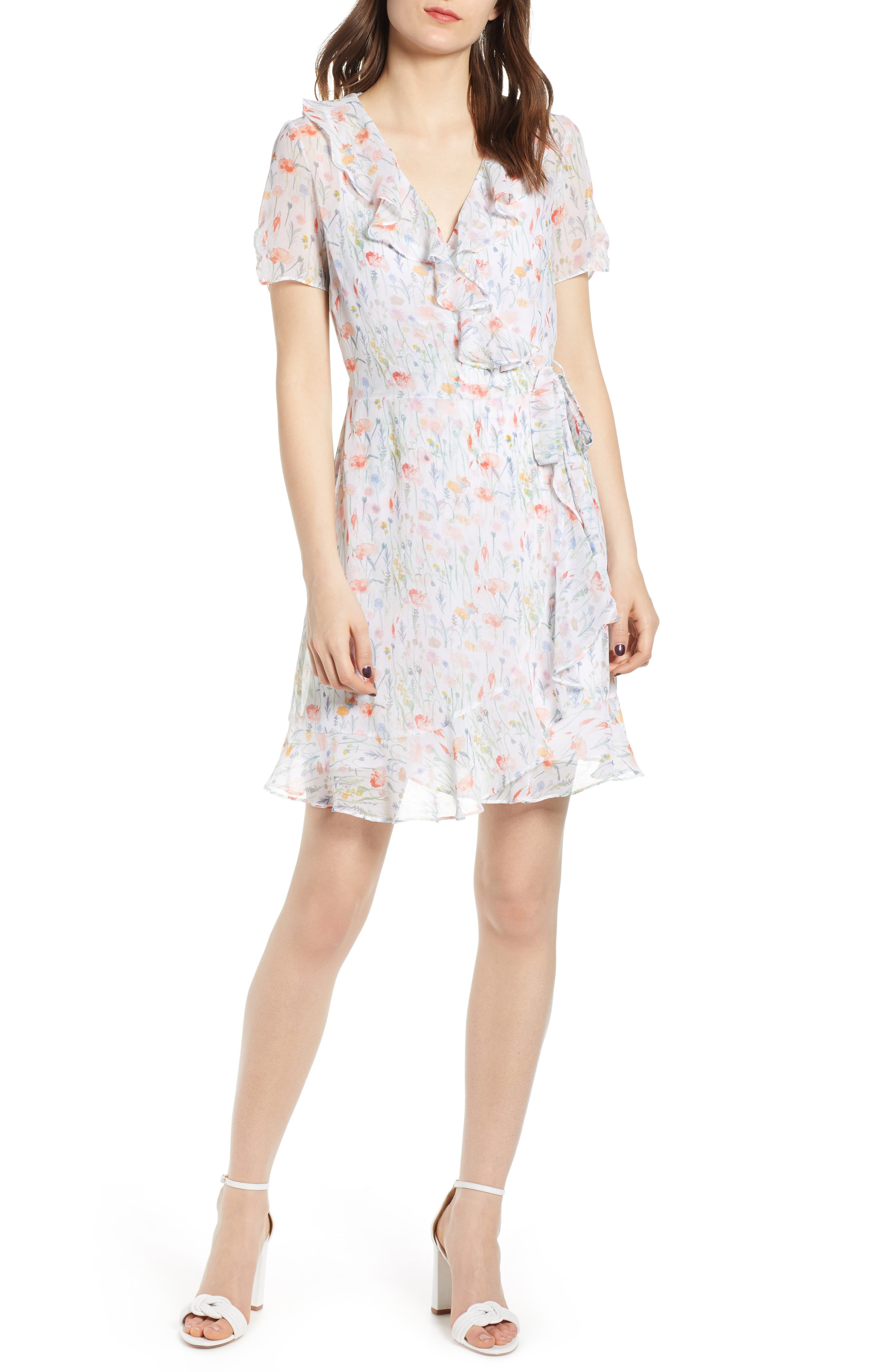 Bailey 44 In The Clouds Floral Ruffle Wrap Dress, White