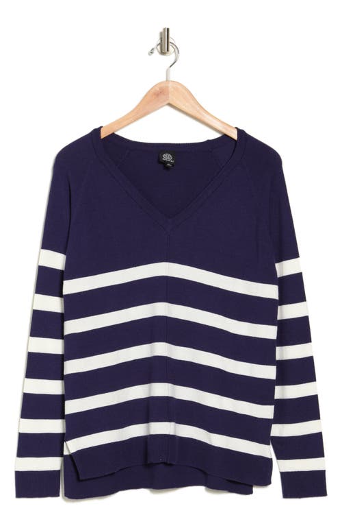Shop Bobeau Stripe V-neck Pullover Sweater In Navy/ivory