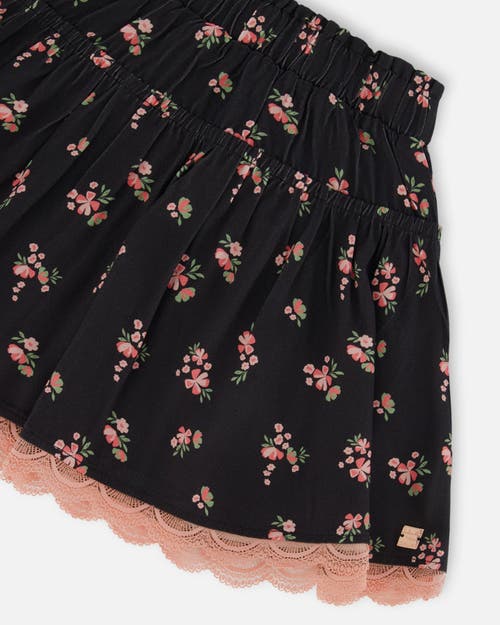 DEUX PAR DEUX DEUX PAR DEUX GIRL'S PRINTED FLOWERS FLARE VISCOSE SKIRT BLACK 