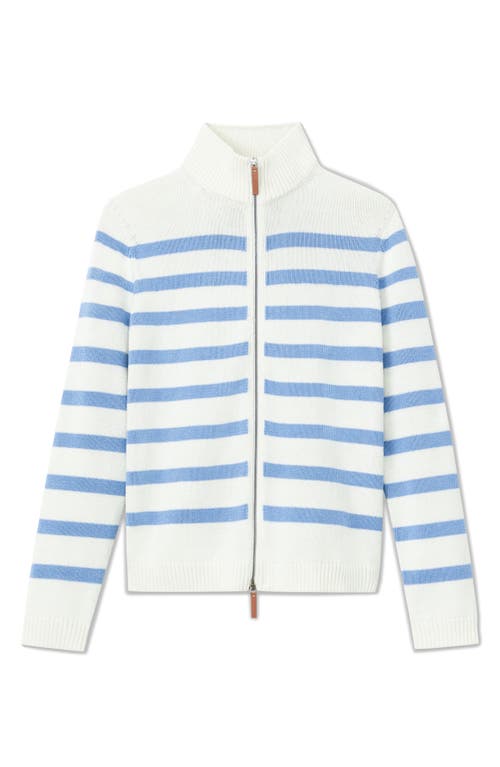 Lafayette 148 Striped Zip-front Cotton-silk Cardigan In Deep Blue Oasis Multi