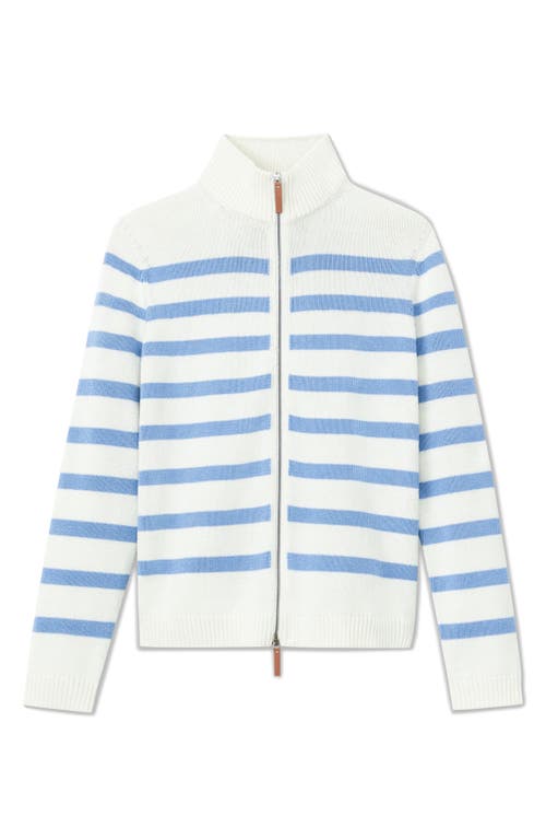 Shop Lafayette 148 New York Stripe Cotton & Silk Zip Cardigan In Deep Blue Oasis Multi