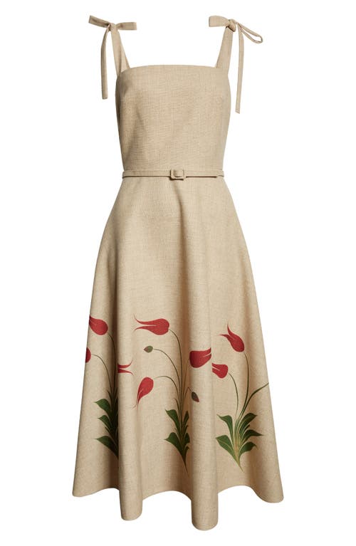 Shop Oscar De La Renta Marbled Tulip Print Belted Midi Sundress In Linen/red