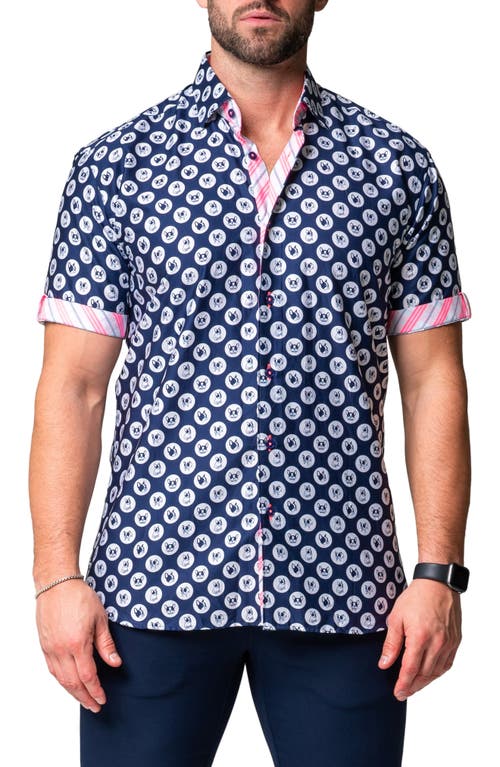 Maceoo Galileo Dogdot Blue Stretch Short Sleeve Button-Up Shirt at Nordstrom,