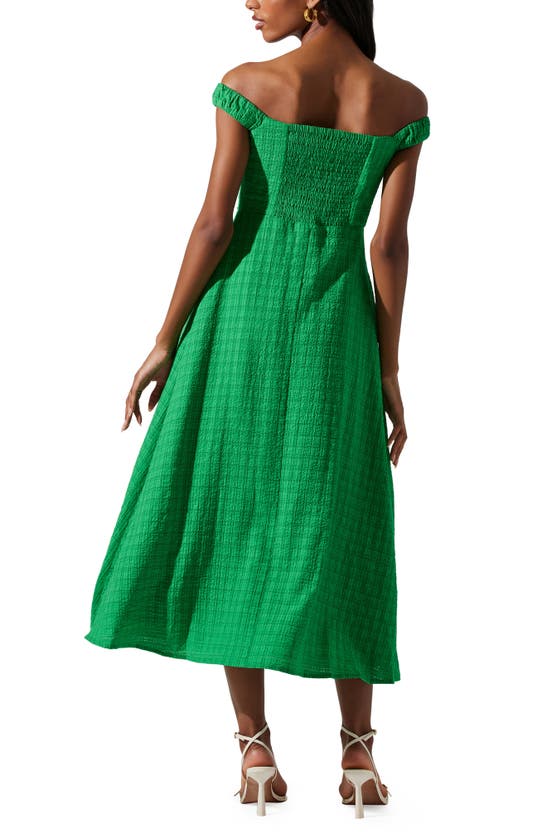 Shop Astr Harlyn Off The Shoulder Textured Midi Dress In Kelly Green