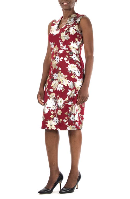 Nina Leonard Floral Foil Midi Dress In Berry/gold/silver