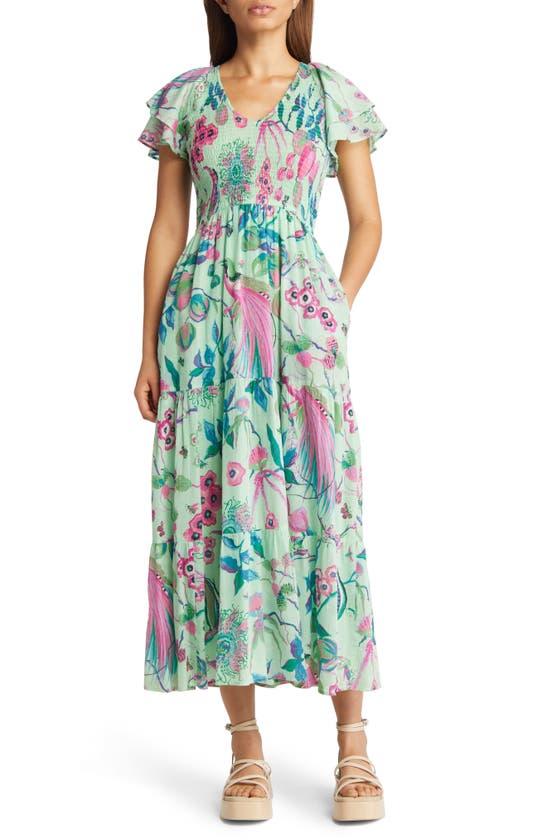 Banjanan Ira Floral Smocked Cotton Voile Midi Dress In Patina