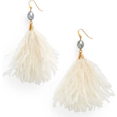 Tory Burch Pearl & Feather Tassel Earrings