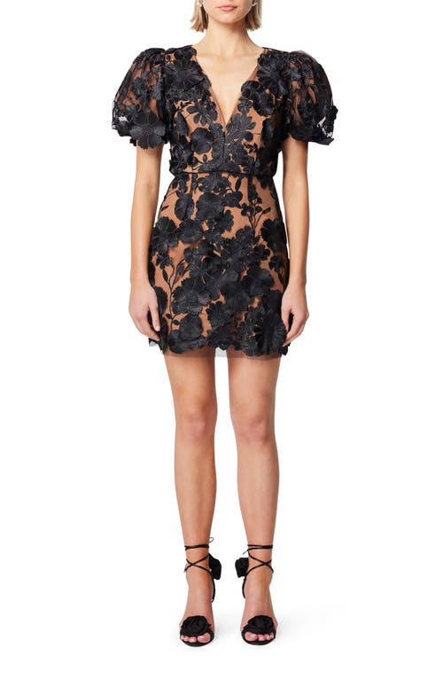 Rosalind Floral Embroidered Puff Sleeve Cocktail Minidress in Black