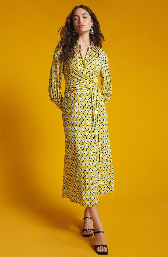 Shop Dvf Diane Von Furstenberg Geo Print Long Sleeve Midi Wrap Dress In Maypole Yellow