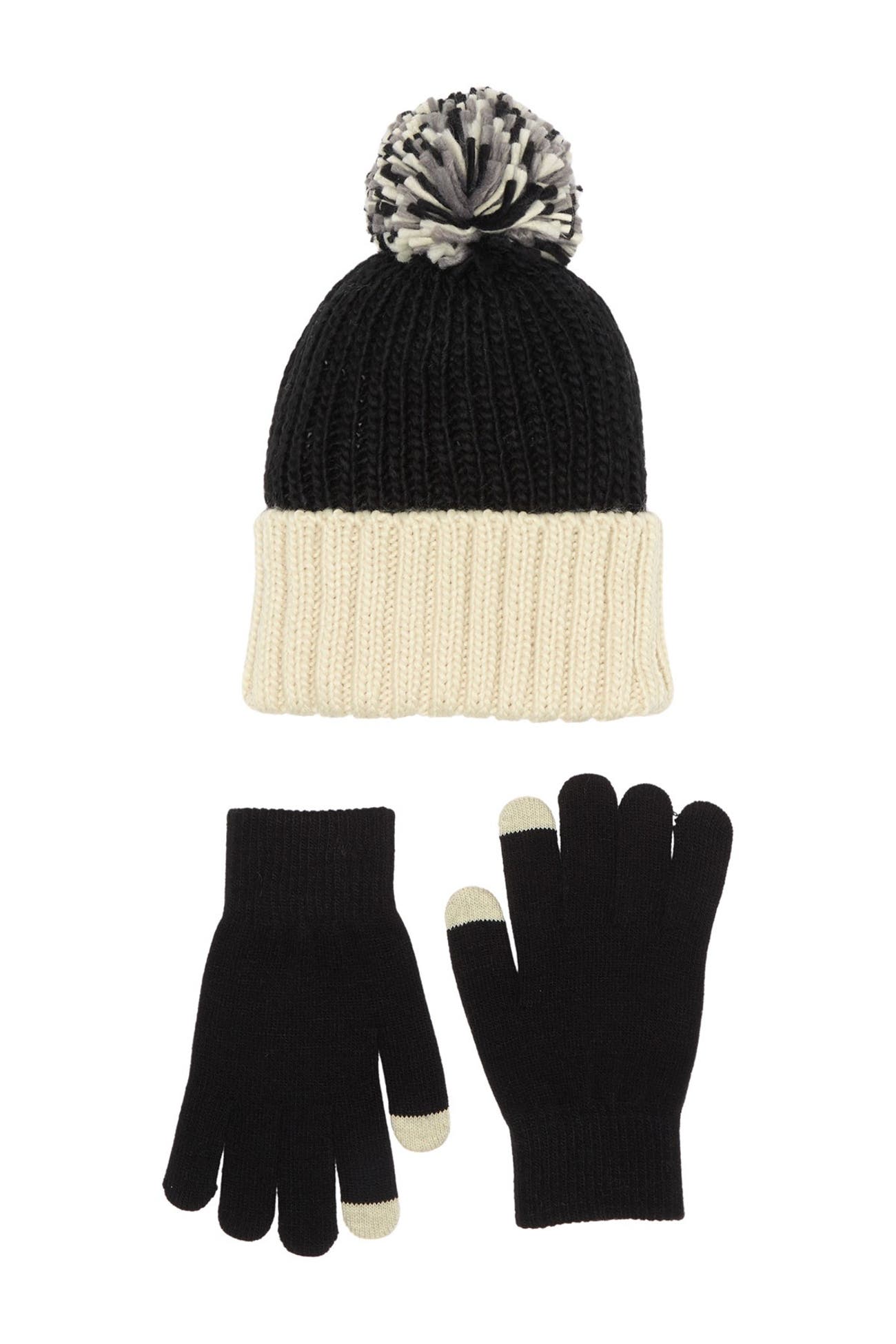 Steve Madden | Colorblock Pompom Ribbed Beanie & Knit Gloves 2-Piece ...