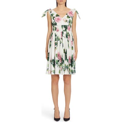 Dolce & gabbana Rose Print Tie Strap A-Line Dress, US / 40 IT - White