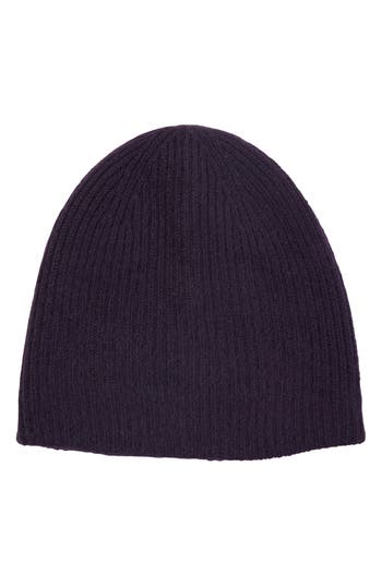 Amicale Cashmere Double Layer Rib Knit Beanie In Purple