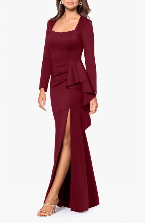 Shop Xscape Evenings Side Ruffle Long Sleeve Scuba Gown In Wine