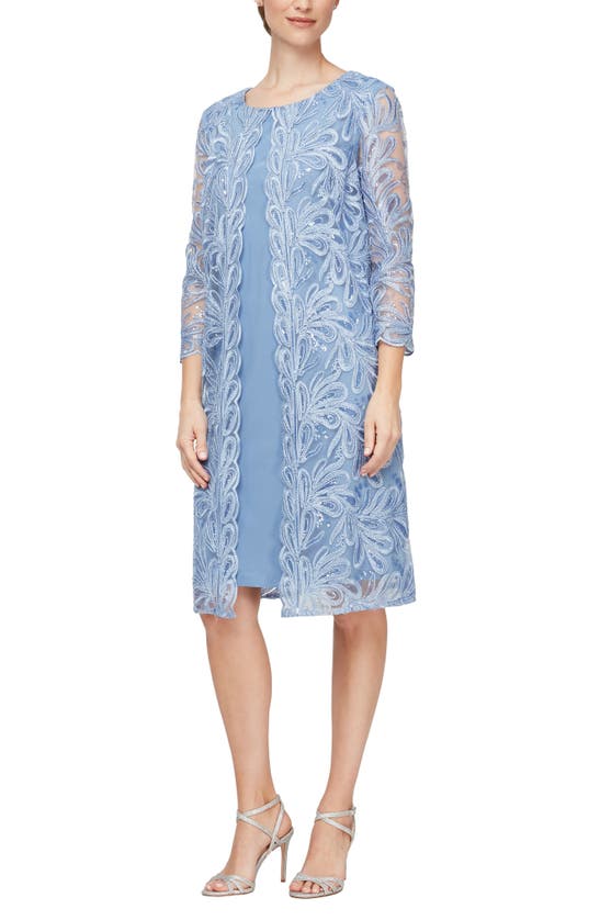 Alex Evenings Embroidered Mock Jacket Cocktail Dress In Periwinkle