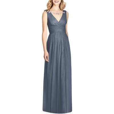 Jenny Packham Sleeveless Sparkle Neck Chiffon Gown, Grey