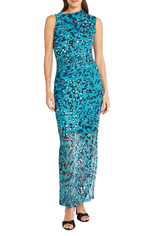 Shop Donna Morgan For Maggy Shirred Sleeveless Maxi Dress In Teal Aqua/blue