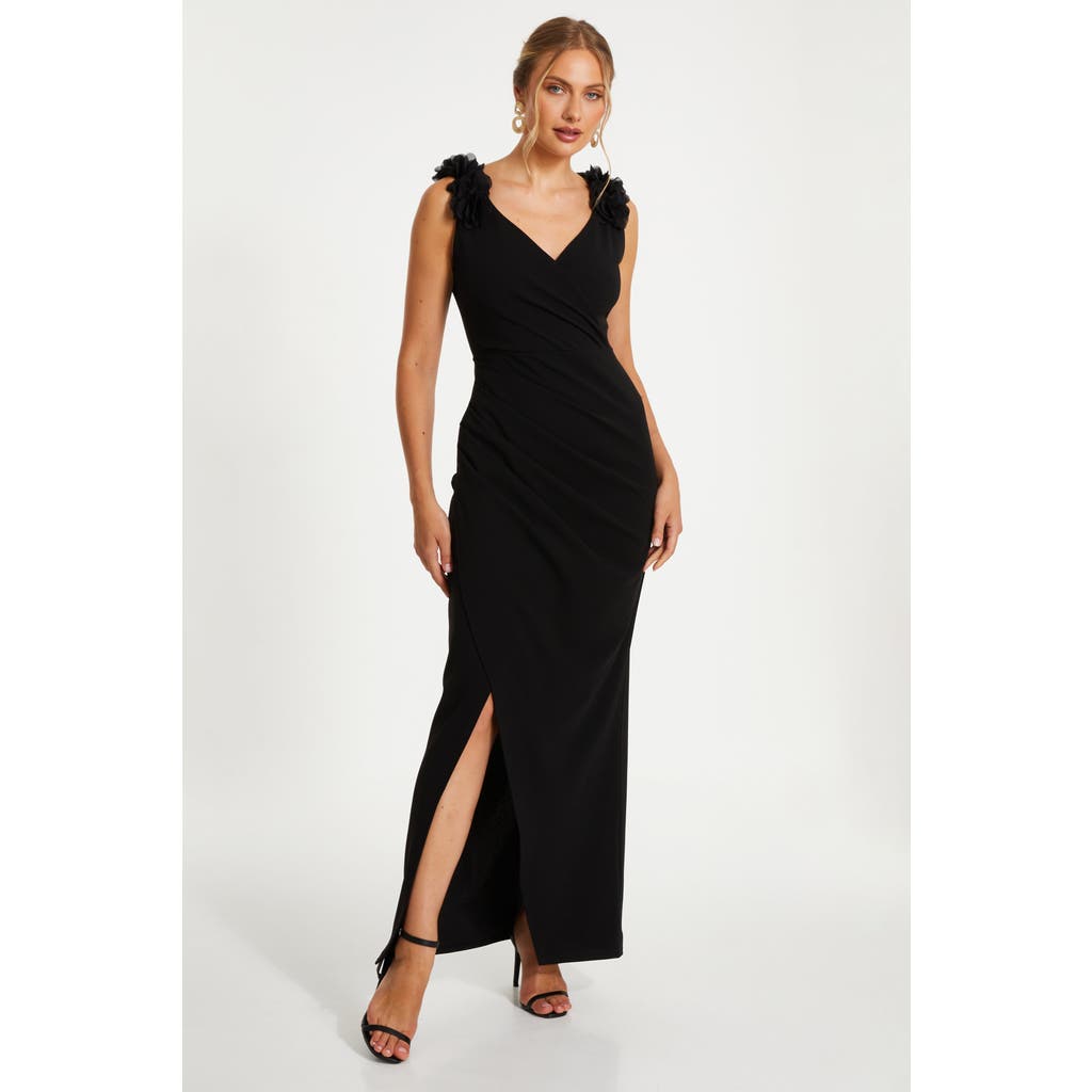 Quiz Scuba Crepe Strap Trim Ruched Maxi Dress In Black