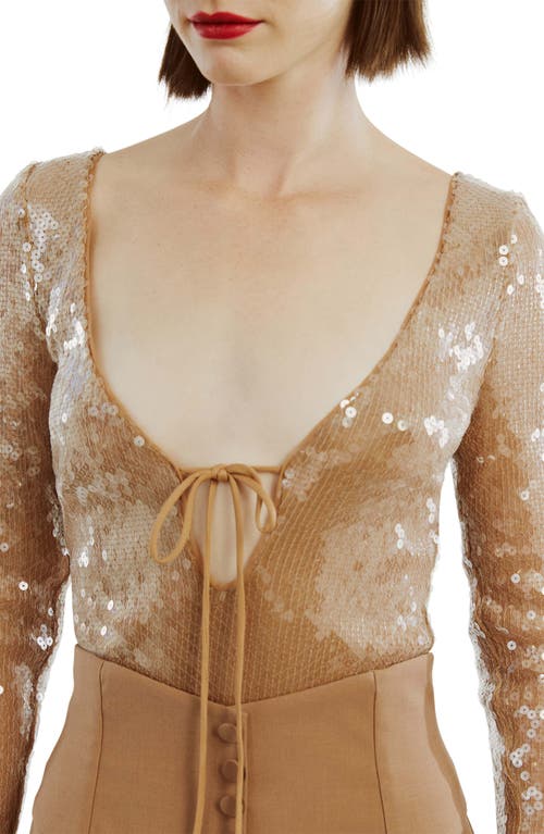 Shop Bardot Verona Sequin Long Sleeve Bodysuit In Beige