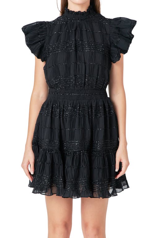 Endless Rose Metallic Ruffle Smocked Chiffon Minidress In Black